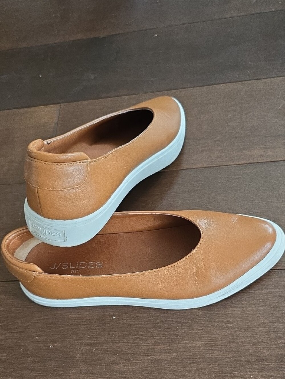 J/SLIDES Tan Slip-On Leather Flats with White Platform Sole